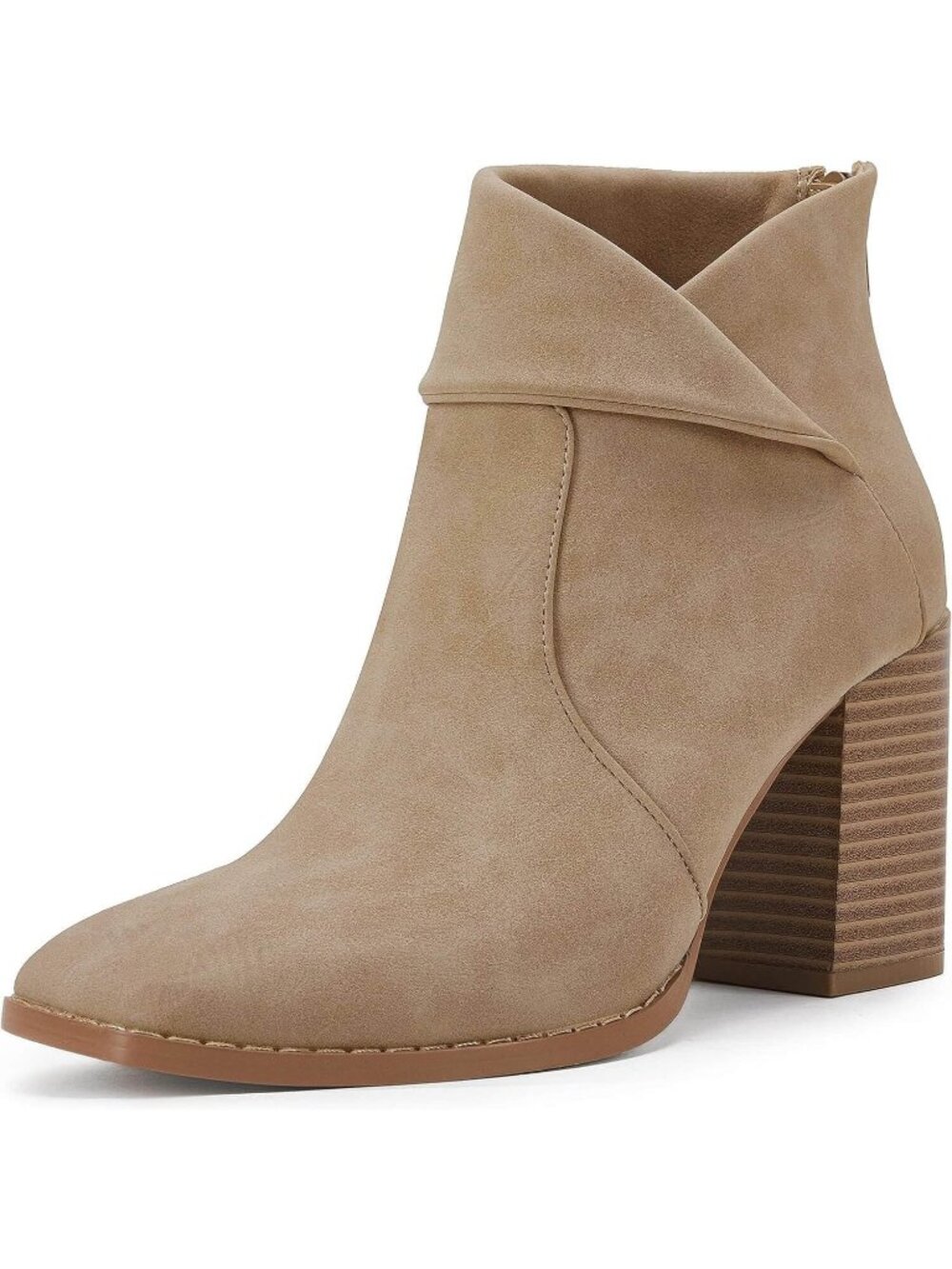 Women's Khaki Square Toe Ankle Boots High Chunky Stacked Heels Criss Cross
